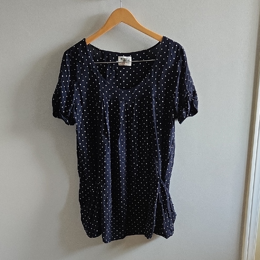 Holding Horses Navy and White Polka Dot Short Sleeved Shirt Size Large